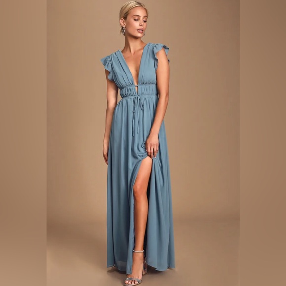 Plunging v line beautiful blue floor length summer dress - Picture 2 of 8